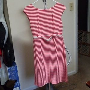Coral and white striped dress with belt